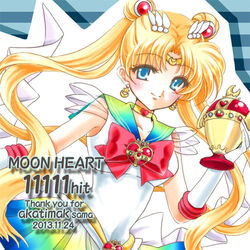  back_bow bishoujo_senshi_sailor_moon bishoujo_senshi_sailor_moon_s blonde_hair blue_eyes blue_sailor_collar blush bow brooch choker cosmic_heart_compact dated double_bun elbow_gloves female gloves hair_bun hair_ornament hairpin heart heart_brooch heart_choker jewelry long_hair lowres magical_girl milestone_celebration multicolored_clothes multicolored_skirt pleated_skirt red_bow ribbon sailor_collar sailor_moon sailor_senshi_uniform seihai_(sailor_moon) shirataki_kaiseki skirt solo super_sailor_moon thank_you tiara tsukino_usagi twintails white_gloves yellow_choker 