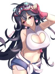  bad_id bad_pixiv_id black_hair blush breasts cleavage cleavage_cutout closed_mouth clothing_cutout denim denim_shorts earrings eyebrows female fingerless_gloves gloves goggles goggles_on_head heart heart-shaped_pupils heart_earrings jewelry large_breasts long_hair looking_at_viewer maplestory maplestory_2 navel peachy_(maplestory_2) pink_eyes red_gloves saltycaramel shorts smile solo symbol-shaped_pupils thong twitter_username 