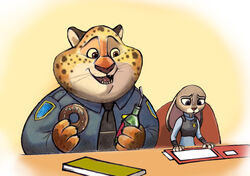  2016 absurd_res anthro benjamin_clawhauser cheetah clothing disney duo felid feline female hi_res judy_hopps lagomorph leporid male mammal rabbit zdrer456 zootopia 