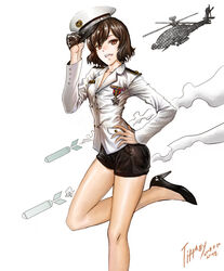  aircraft brown_hair character_name commentary_request eden_hunter female genie_(song) girls&#039;_generation hat hat_tip helicopter high_heels k-pop long_hair medal military military_uniform missile naval_uniform open_mouth photoshop_(medium) real_life salute short_shorts shorts sm_entertainment smile solo tiffany_(girls&#039;_generation) uniform 