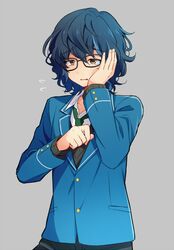  1boy aoba_tsumugi blazer blue_hair blush brown_eyes commentary_request ensemble_stars! glasses grey_background jacket male_focus necktie pants plaid plaid_pants school_uniform solo take_no_ko wavy_hair yumenosaki_school_uniform 