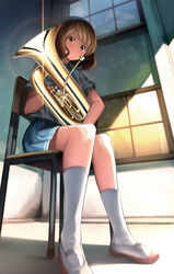  absurdres ankle_socks bad_id bad_pixiv_id brown_eyes brown_hair chair commentary_request euphonium female from_below glint gochiwa hibike!_euphonium highres instrument lens_flare oumae_kumiko perspective school_uniform serafuku shoes short_hair sitting socks solo uwabaki window 