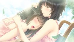  2girls bare_shoulders black_hair blush brown_hair chair closed_eyes comforting crying dutch_angle flowers_(innocent_grey) frills game_cg hand_on_another&#039;s_head holding hug leaf multiple_girls official_art open_mouth outdoors parted_lips sad short_hair sugina_miki takasaki_chidori tears teeth yaegaki_erika 