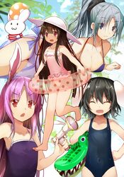  4girls :3 :d alternate_hairstyle animal_ears ball barefoot beachball bikini black_hair blue_bikini blue_sky breasts brown_hair cleavage closed_eyes collarbone commentary_request competition_school_swimsuit covered_navel day efe flat_chest frilled_one-piece_swimsuit frills grey_eyes grey_hair hat houraisan_kaguya inaba_mob_(touhou) inaba_tewi inflatable_crocodile inflatable_toy innertube large_breasts long_hair looking_at_viewer lunatic_gun lying multiple_girls new_school_swimsuit on_side one-piece_swimsuit open_mouth pink_one-piece_swimsuit ponytail purple_hair rabbit rabbit_ears red_eyes reisen_udongein_inaba sarong school_swimsuit short_hair sky smile sun_hat swim_ring swimsuit touhou very_long_hair water_gun yagokoro_eirin 