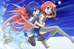  2girls :d anklet antenna_hair ass black_thighhighs blue_eyes blue_skirt blue_sky brown_eyes cloud commentary_request day eyebrows feet flip_flappers gouyokunahimaji hug hug_from_behind jewelry kokomine_cocona leotard long_hair multiple_girls no_shoes open_mouth orange_hair papika_(flip_flappers) pleated_skirt school_uniform serafuku short_hair short_sleeves skirt sky smile sun thighhighs toeless_legwear toes tt-392 