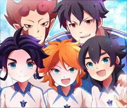  5boys amemiya_taiyou commentary_request hyoudou_tsukasa inazuma_eleven_(game) inazuma_eleven_(series) inazuma_eleven_go inazuma_eleven_go_strikers_2013 kakumei_senbatsu kishibe_taiga mahoro_tadashi male_focus moyuchocolats multiple_boys open_mouth smile soccer_uniform sportswear yukimura_hyouga 