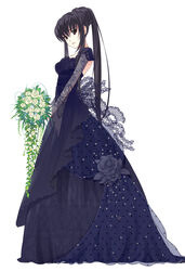  alternate_costume black_dress black_eyes black_hair bouquet commentary_request dress ever_17 female flower hair_up highres komachi_tsugumi leaf long_hair open_mouth ponytail rose solo standing takigawa_yuu very_long_hair wedding_dress white_flower white_rose 