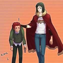  age_switch banned_artist beard black_eyes black_hair book cape casual collar_grab cosplay costume_switch denim facial_hair fate/zero fate_(series) green_eyes green_hair hayashi_inashirou jeans multiple_boys necktie older pants red_eyes red_hair rider_(fate/zero) rider_(fate/zero)_(cosplay) role_reversal shirt squiggle t-shirt waver_velvet waver_velvet_(cosplay) younger 