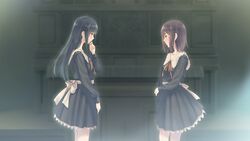  2girls arm_grab black_dress black_hair blush dress flowers_(innocent_grey) from_side game_cg hand_to_own_mouth indoors kousaka_mayuri long_hair long_sleeves multiple_girls orange_ribbon profile puffy_long_sleeves puffy_sleeves red_hair ribbon school_uniform shirahane_suou short_hair shy standing sugina_miki 