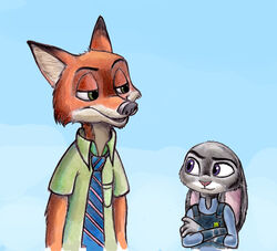  2016 absurd_res anthro canid canine clothing disney duo female fox hi_res judy_hopps lagomorph leporid male mammal nick_wilde rabbit red_fox true_fox zdrer456 zootopia 