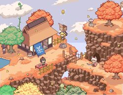  4girls ? ?_block autumn black_hair blonde_hair bridge cave closed_eyes cloud coin commentary_request day hat himekaidou_hatate inubashiri_momiji isometric jar jumping kaminendo kirisame_marisa leaf maple_leaf mario_(series) mountain multiple_girls mushroom outdoors pixel_art pond red_eyes shameimaru_aya shield sign sitting super_mario_rpg sword tokin_hat touhou tree tree_stump twintails weapon white_hair witch_hat 