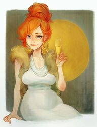  absurdres alcohol blue_eyes breasts champagne champagne_flute cleavage commentary cup curvy dress drinking_glass earrings ehryel english_commentary eyebrows eyeshadow feather_boa female formal freckles gardnerverse highres hoop_earrings jewelry lips liz_gardner looking_at_viewer makeup mature_female medium_breasts orange_hair second-party_source shawl sitting sleeveless sleeveless_dress solo updo white_dress 