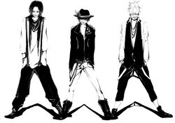  3boys alternate_costume lapel_pin male male_focus marco monkey_d_luffy monochrome multiple_boys one_piece portgas_d_ace re&acirc;&deg; re_degrees_(red_flagship) standing whitebeard_pirates 