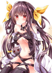  amelie-san_(nogi_takayoshi) animal bare_shoulders bow breasts brown_hair collar collarbone commentary cosplay detached_sleeves dizzy_(guilty_gear) dizzy_(guilty_gear)_(cosplay) feline female guilty_gear hairbow medium_breasts navel nogi_takayoshi original red_eyes sitting twintails underboob 