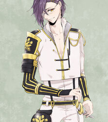  1boy akashi_kuniyuki armor commentary_request cosplay glasses japanese_armor male_focus monoyoshi_sadamune monoyoshi_sadamune_(cosplay) noah_(livas) photoshop_(medium) purple_hair shoulder_armor smile sode solo suspenders sword touken_ranbu wakizashi weapon yellow_eyes 