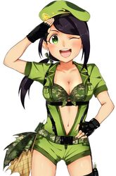  ;d belt beret bikini bikini_top_only black_gloves black_hair breasts camouflage camouflage_bikini center_opening cleavage commentary_request earrings female fingerless_gloves front-tie_bikini_top front-tie_top gloves green_eyes hat highres holster idolmaster idolmaster_cinderella_girls idolmaster_cinderella_girls_starlight_stage jewelry long_hair looking_at_viewer low_ponytail medium_breasts navel one_eye_closed open_mouth overalls ponytail salute simple_background smile solo swept_bangs swimsuit thigh_holster underbust vivid_(key) walkie-talkie white_background yamato_aki 