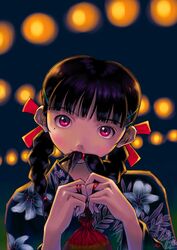  bag bangs black_hair blunt_bangs blurry blush braid bust dark depth_of_field female fingers_together floral_print hair_in_mouth hair_ornament hair_ribbon hairclip hands head_tilt highres holding japanese_clothes kimono kobayashi_yuji lights looking_at_viewer mouth_hold nagko night original outdoors pink_eyes ribbon scrunchie short_hair smile solo twin_braids upper_body 