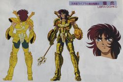  1boy anime araki_shingo armor character_design character_sheet himeno_michi knight libra_dohko libra_douko male male_focus polearm production saint_seiya settei shield shoulder_pads solo spear weapon 