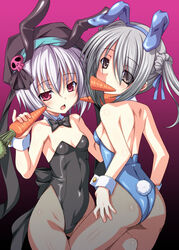  2girls animal_ears aoi_masami ass bare_shoulders blush bow bowtie brown_eyes carrot chestnut_mouth commentary_request covered_navel detached_collar fake_animal_ears fishnet_pantyhose fishnets grey_hair hachisuka_goemon hat long_hair mouth_hold multiple_girls oda_nobuna_no_yabou open_mouth pantyhose photoshop_(medium) playboy_bunny rabbit_ears rabbit_tail red_eyes short_hair strapless tail takenaka_hanbee_(oda_nobuna_no_yabou) twintails wrist_cuffs 