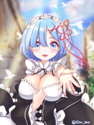  bad_id bad_pixiv_id bird blue_eyes blue_hair blush breasts cleavage eyebrows female hair_ornament large_breasts looking_at_viewer maid outdoors parted_lips re:zero_kara_hajimeru_isekai_seikatsu rem_(re:zero) roswaal_mansion_maid_uniform saltycaramel short_hair smile solo twitter_username x_hair_ornament 