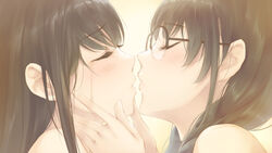  2girls bare_shoulders blush braid brown_hair close-up closed_eyes eyelashes flowers_(innocent_grey) from_side game_cg glasses hanabishi_rikka hands_on_another&#039;s_face imminent_kiss multiple_girls official_art profile shirahane_suou sugina_miki tears twin_braids yuri 