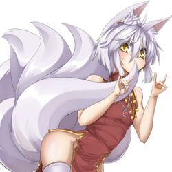  amino_dopple animal_ear_fluff animal_ears bare_shoulders blush china_dress chinese_clothes commentary_request dress female fox_ears fox_tail looking_at_viewer multiple_tails no_panties original short_hair side_slit silver_hair solo tail thighhighs transparent_background white_thighhighs yellow_eyes 