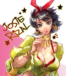  2015 :p black_hair bra breasts character_name cleavage crop_top dark_skin dated earrings eyelashes female finger_to_mouth hairband hoop_earrings jewelry josie_rizal large_breasts lipstick makeup necklace o-ring purple_eyes red_bra red_hairband ryo_(ryoxkj) short_hair signature solo tekken tekken_7 tongue tongue_out underwear 