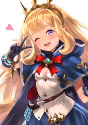  ;d belt black_gloves blonde_hair blue_cape blue_skirt blush bracelet breasts brooch buttons cagliostro_(dark)_(granblue_fantasy) cagliostro_(granblue_fantasy) cape cleavage commentary_request female frilled_gloves frills gloves granblue_fantasy hairband heart highres jewelry lips long_hair looking_at_viewer one_eye_closed open_mouth partially_fingerless_gloves purple_eyes red_ribbon ribbon shirt simple_background skirt small_breasts smile solo teeth test_tube upper_body upper_teeth_only v white_background white_shirt yapo_(croquis_side) 