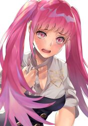  belt blush breasts buttons cleavage commentary_request double-breasted female fire_emblem fire_emblem:_three_houses garreg_mach_monastery_uniform highres hilda_valentine_goneril hot large_breasts long_hair long_sleeves looking_at_viewer open_mouth panda_inu pink_eyes pink_hair shirt short_sleeves simple_background solo sweat teeth twintails uniform upper_body upper_teeth_only very_long_hair white_background 