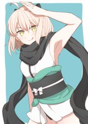  arm_up armpits bare_arms bare_shoulders black_bow black_scarf blonde_hair bow breasts closed_mouth commentary_request cowboy_shot fate/grand_order fate_(series) female hair_between_eyes hairbow japanese_clothes kimono koha-ace medium_breasts misora_deco no_bra obi okita_souji_(fate) okita_souji_(koha-ace) sash scarf short_hair short_kimono sideboob sleeveless sleeveless_kimono smile solo tongue tongue_out white_kimono yellow_eyes 