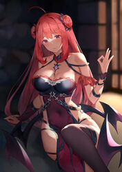  ahoge arm_support bare_shoulders blurry breasts cleavage commentary_request covered_navel demon_wings depth_of_field double_bun dress erze_(king&#039;s_raid) female hair_bun hand_up king&#039;s_raid large_breasts long_hair looking_at_viewer md5_mismatch pelvic_curtain red_eyes red_hair resolution_mismatch sitting smile solo source_larger suzuame_yatsumi thighhighs very_long_hair wings 