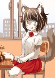  anthro biped black_hair blush bottomwear breasts brown_eyes canid canine canis clothed clothing cute_fangs digital_media_(artwork) disembodied_hand dress_shirt duo female fully_clothed fur grey_body grey_fur hair hi_res inside kagarimachi_ame kemono looking_at_viewer mammal open_mouth portrait school_uniform shirt short_hair sitting skirt sleeping solo_focus sound_effects three-quarter_portrait topwear uniform vowelless vowelless_sound_effect white_body white_fur white_hair wolf zzz 