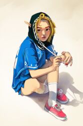  adapted_costume blonde_hair cherushi commentary contemporary crossed_ankles english_commentary female forehead green_eyes hood hood_up looking_at_viewer nail_polish pointy_ears princess_zelda red_footwear shadow shoes short_hair sitting sneakers socks solo the_legend_of_zelda the_legend_of_zelda:_tears_of_the_kingdom thick_eyebrows tube_socks 