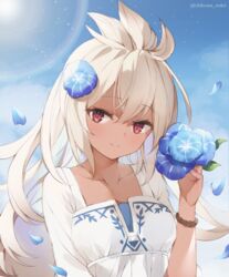  bad_id bad_pixiv_id blue_flower blue_sky closed_mouth collarbone commentary_request dark-skinned_female dark_skin day female flower granblue_fantasy hair_flower hair_ornament hand_up holding holding_flower long_hair looking_at_viewer morning_glory narusegawa_riko petals rainbow red_eyes shirt sky smile solo square_neckline sun sun_halo sunlight upper_body white_hair white_shirt zooey_(granblue_fantasy) 