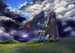  1boy ameno_(a_meno0) bad_id bad_twitter_id black_cape black_robe blue_hair blue_sky cape cloud cloudy_sky couple dark_clouds female field fingerless_gloves fire_emblem fire_emblem_awakening gloves grass grassy grey_hair hill hooded_robe lightning long_hair looking_afar lucina_(fire_emblem) outdoors purple_sky robe robin_(fire_emblem) robin_(male)_(fire_emblem) sky sleeves_past_wrists standing straight sword tiara weapon 