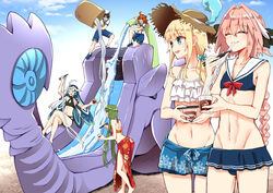  2others 3boys ahoge androgynous asazuki_norito astolfo_(fate) bare_shoulders bikini bikini_top_only black_bikini black_bow black_hair blonde_hair blue_bikini blue_eyes blue_hair blue_skirt blush bow braid chevalier_d&#039;eon_(fate) chopsticks closed_eyes closed_mouth collarbone crossed_legs cup eating enkidu_(fate) eyeliner fate/apocrypha fate/grand_order fate/strange_fake fate_(series) female food frilled_bikini frills fujimaru_ritsuka_(female) fujimaru_ritsuka_(male) green_hair hair_between_eyes hair_intakes hat long_braid long_hair looking_to_the_side makeup miniskirt multicolored_hair multiple_boys multiple_others nagashi_soumen navel noodles one_side_up open_mouth orange_bikini orange_eyes orange_hair otoko_no_ko photoshop_(medium) pink_hair ponytail sailor_collar sarong shi_huang_di_(fate) side_ponytail sidelocks single_braid skirt smile straw_hat streaked_hair swimsuit thighs two-tone_hair very_long_hair water_slide white_bikini white_hair 