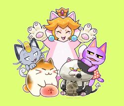  alolan_form alolan_meowth ambiguous_gender animal_crossing blonde_hair bob_(animal_crossing) cat_peach cat_suit_(mario) collaboration domestic_cat ear_piercing ear_ring fake_cat_ears fake_ears felid feline felis female fur generation_7_pokemon green_background grey_body grey_fur group hair hi_res judd kirby kirby_(series) larger_male li&#039;l_judd male mammal mario_bros nago_(kirby) nintendo open_mouth pawpads piercing pink_nose pokemon pokemon_(species) princess_peach purple_body purple_fur regional_form_(pokemon) ring_piercing simple_background sitting size_difference smaller_ambiguous splatoon spudenski teeth terinyaki tongue whiskers 