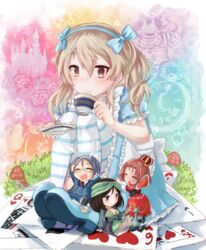  4girls :d absurdres alice_(alice_in_wonderland) alice_(alice_in_wonderland)_(cosplay) alice_in_wonderland animal_ears apron arm_support arms_up azumi_(girls_und_panzer) bad_id bad_pixiv_id bandana black_hair blue_dress blue_eyes blue_footwear blue_jacket blue_ribbon blue_shorts blue_thighhighs blue_vest blush brown_eyes brown_hair card caterpillar_(alice_in_wonderland) caterpillar_(alice_in_wonderland)_(cosplay) closed_eyes closed_mouth commentary cosplay crossed_legs crown cup dress fake_animal_ears frilled_apron frilled_dress frilled_sleeves frills girls_und_panzer glasses green_dress green_headwear grey_hair hair_ribbon highres holding holding_cup holding_saucer hug jacket leaning_back leaning_on_person light_brown_hair long_hair long_sleeves mary_janes megumi_(girls_und_panzer) mini_crown mini_person minigirl multiple_girls name_connection one_side_up open_mouth playing_card rabbit_ears red_dress red_headwear ribbon rumi_(girls_und_panzer) saucer senta_(ysk_0218) shimada_arisu shoes short_dress short_hair short_sleeves shorts sitting smile standing striped_clothes striped_thighhighs swept_bangs teacup thighhighs vest white_apron white_rabbit_(alice_in_wonderland) white_rabbit_(alice_in_wonderland)_(cosplay) yellow-framed_eyewear 