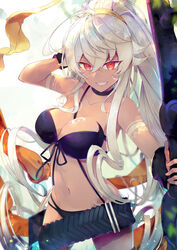  bare_shoulders blonde_hair bow bow_(weapon) breasts collarbone commentary_request dark-skinned_female dark_skin female grey_hair grin hair_between_eyes hair_ornament holding holding_bow_(weapon) holding_weapon large_breasts long_hair looking_at_viewer merc_storia navel ponytail red_eyes sakyura_(merc_storia) simple_background smile solo standing stomach tattoo teeth weapon wristband yuizayomiya 