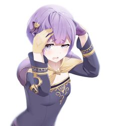  ahoge asymmetrical_gloves bernadetta_von_varley blush breasts commentary dress english_commentary female fire_emblem fire_emblem:_three_houses gloves hair_ornament hands_on_own_head highres light_purple_hair long_sleeves looking_at_viewer mengo mismatched_gloves open_mouth purple_dress purple_eyes purple_gloves short_hair simple_background small_breasts solo tareme tears upper_body wavy_mouth white_background yellow_gloves 