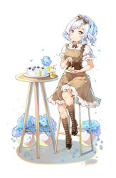  alternate_costume blue_eyes blue_hair blush boots breasts cake chair commentary_request female food full_body hair_ribbon highres plant plate pot ribbon sigsbee_(warship_girls_r) simple_background sitting situmey small_breasts smile solo warship_girls_r white_background 