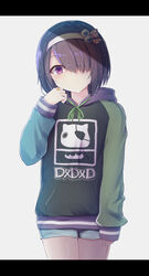  absurdres blush closed_mouth commentary_request expressionless female gabriel_dropout hair_over_one_eye highres hood hood_down hoodie jewelry kurona_mei letterboxed long_sleeves looking_at_viewer purple_eyes purple_hair ring short_hair simple_background solo tapris_sugar_step tenma-gav white_background 