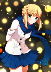  ahoge aqua_eyes arms_behind_back artoria_pendragon_(fate) blonde_hair blue_scarf blue_skirt braid buttons closed_mouth coat commentary_request cowboy_shot fate/stay_night fate_(series) female leaning_forward legs_together long_sleeves looking_at_viewer miniskirt misora_deco official_alternate_costume pleated_skirt saber_(fate) scarf short_hair sidelocks skirt smile solo white_coat 