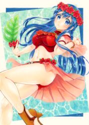  alternate_costume alto2019 ass bad_id bad_pixiv_id bare_legs bikini blue_eyes blue_hair bracelet breasts brooch brown_footwear female fire_emblem fire_emblem:_the_binding_blade fire_emblem_heroes flower head_wreath hibiscus high_heels jewelry leaf leaf_fan lilina_(fire_emblem) lilina_(summer)_(fire_emblem) long_hair looking_at_viewer marker_(medium) medium_breasts midriff miniskirt navel neckerchief parted_lips red_bikini sample_watermark sandals skirt solo swimsuit taut_clothes thighs traditional_media water watermark 