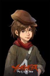  1boy black_background brown_eyes brown_hair brown_hat commentary_request copyright_name dong_wensen green_jacket hand_on_own_hip hat highres jacket logo lolicon looking_at_viewer male_focus megalo_box red_scarf sachio_(megalo_box) scarf solo 