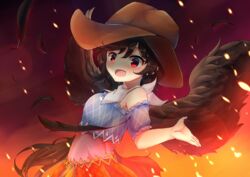  bandana bare_shoulders black_hair black_wings blue_shirt blush brown_hat brown_skirt commentary cowboy_hat embers feathered_wings feathers female gradient_background hair_between_eyes hat highres kurokoma_saki looking_at_viewer off-shoulder_shirt off_shoulder open_mouth orange_background orange_skirt overskirt red_background red_eyes sachisudesu shirt shnva_(style) short_hair short_sleeves skirt solo touhou upper_body wings 