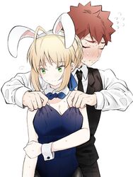  1boy ahoge animal_ears artoria_pendragon_(fate) assisted_coverage black_necktie black_pantyhose blonde_hair blush braid braided_bun closed_eyes closed_mouth cowboy_shot detached_collar embarrassed emiya_shirou fate/stay_night fate_(series) female flying_sweatdrops green_eyes hair_bun highres looking_to_the_side necktie orange_hair oversized_clothes pantyhose playboy_bunny rabbit_ears ribbon saber_(fate) short_hair simple_background spiked_hair suzuakks waistcoat white_background wrist_cuffs 