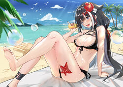  ankle_strap arm_support azur_lane barefoot beach bikini black_bikini black_hair black_nails blue_eyes blue_sky blush bottle breasts bubble cleavage cloud commentary_request day deutschland_(azur_lane) deutschland_(service_time?!)_(azur_lane) feet female flower hair_flower hair_ornament holding holding_bottle long_hair looking_at_viewer lotion multicolored_hair navel official_alternate_costume open_mouth outdoors pouring pouring_onto_self reclining red_hair rero_(bigdoorbig2) sky smile soles solo streaked_hair swimsuit toes very_long_hair white_hair 