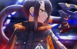  bad_id bad_pixiv_id black_hair blunt_bangs blurry blurry_background close-up closed_mouth cyberpunk cyborg earrings eyepatch female highres jacket jewelry looking_to_the_side mechanical_tail mihato_senba orange_eyes original science_fiction short_hair solo sumi_elias swept_bangs tail 