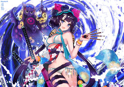  bikini blue_eyes breasts commentary_request fate/grand_order fate_(series) female floral_print goggles goggles_on_head katana katsushika_hokusai_(fate) katsushika_hokusai_(swimsuit_saber)_(fate) low_twintails medium_breasts pencil photoshop_(medium) purple_hair short_hair_with_long_locks shutsuri swimsuit sword thigh_strap tokitarou_(fate) twintails twitter_username water waves weapon 